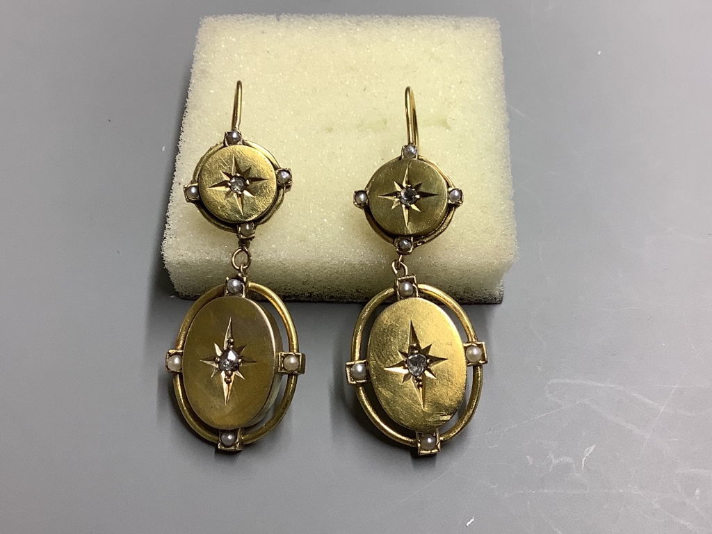 A pair of yellow metal, diamond and seed pearl set drop earrings, 34 mm, gross 9.3 g.